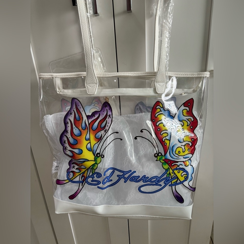 Ed Hardy Forever Large Clear PVC Tote Bag In Colorful Butterfly Combo NWT